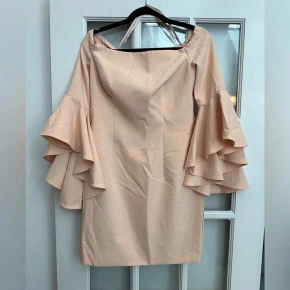 MILLY Selena Peach Italian Cady Off Shoulder Slit Side Sheath Dress Size 8 M NWT - Picture 11 of 13
